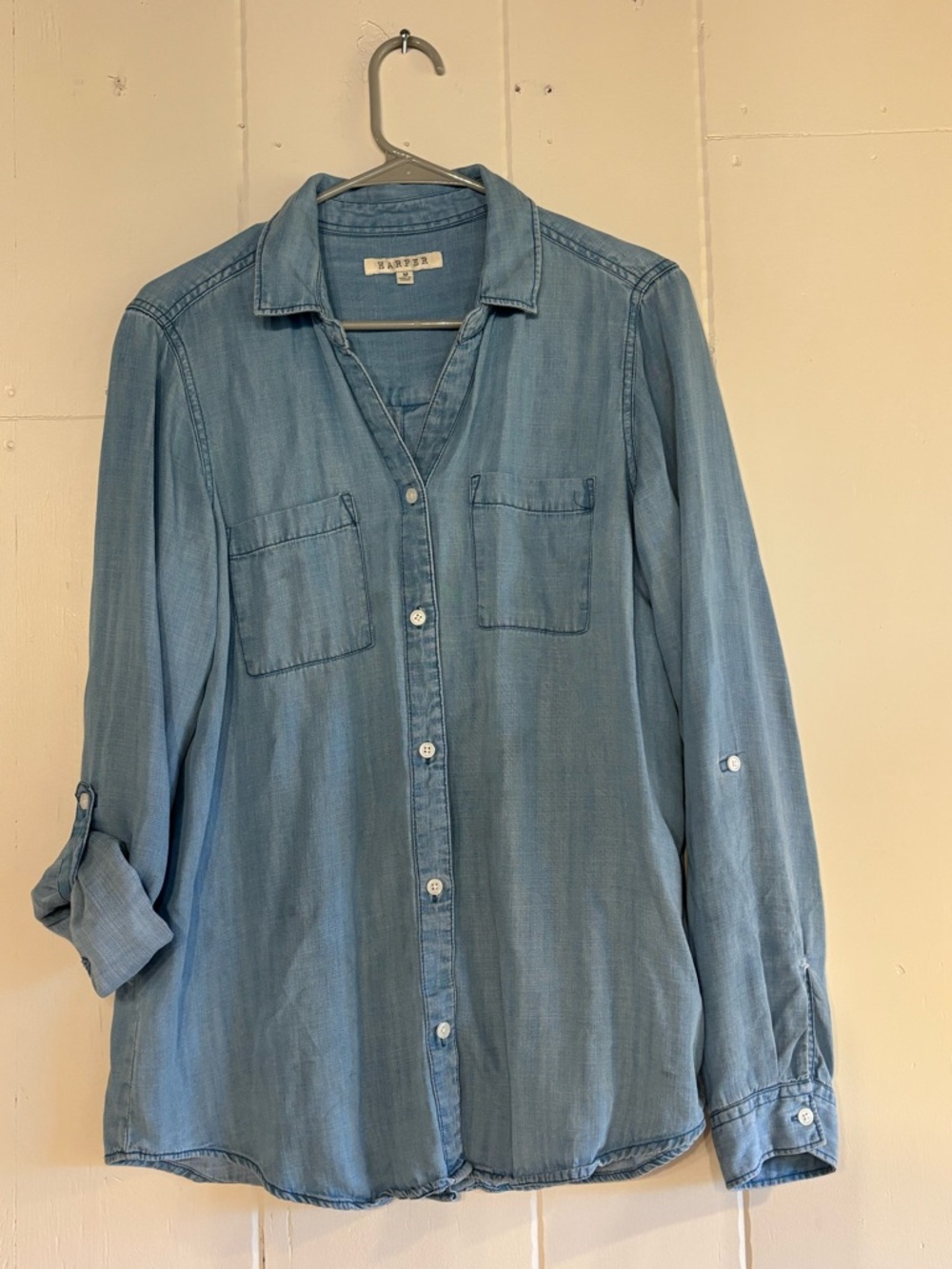 Harper Light Wash Chambray Button-Front and decorative button back Shirt